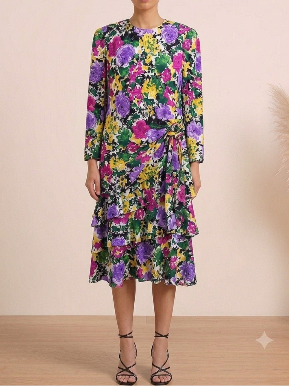 Vintage - Vibrant Floral Tiered Dress in Purple, Pink & Yellow